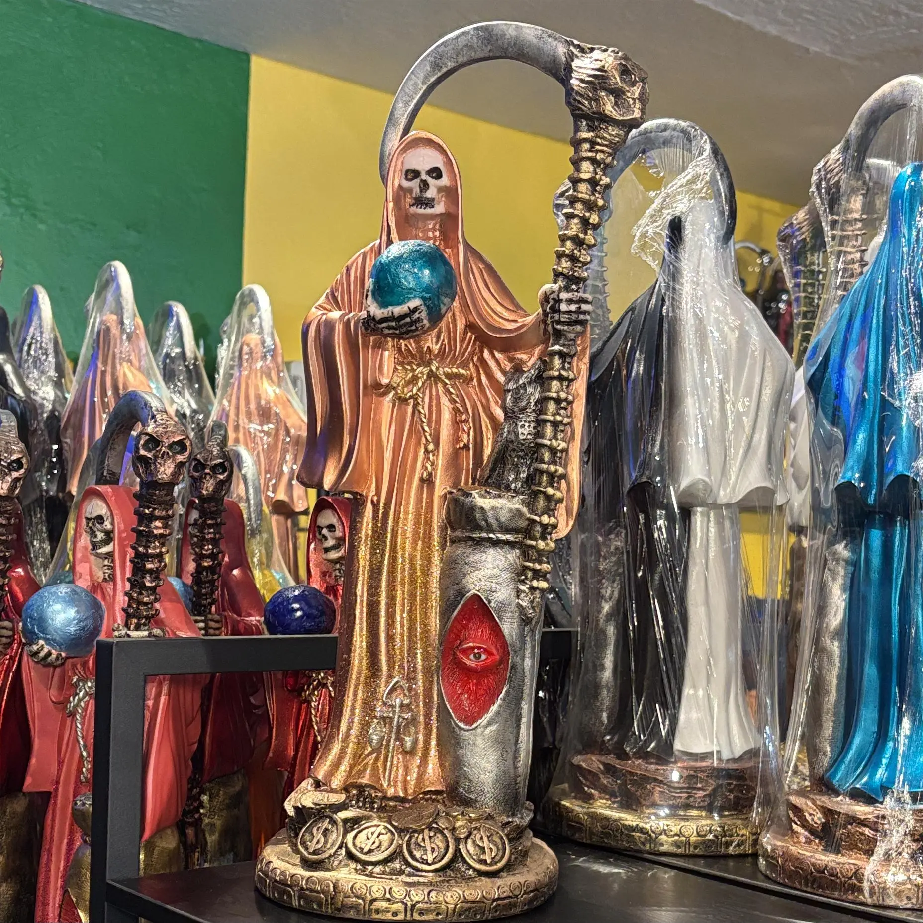 Santa Muerte Statue, 19-in Religious Handcrafted Art, Amber Charged Home Decor Ornaments for Room Decor, Spiritual Aid