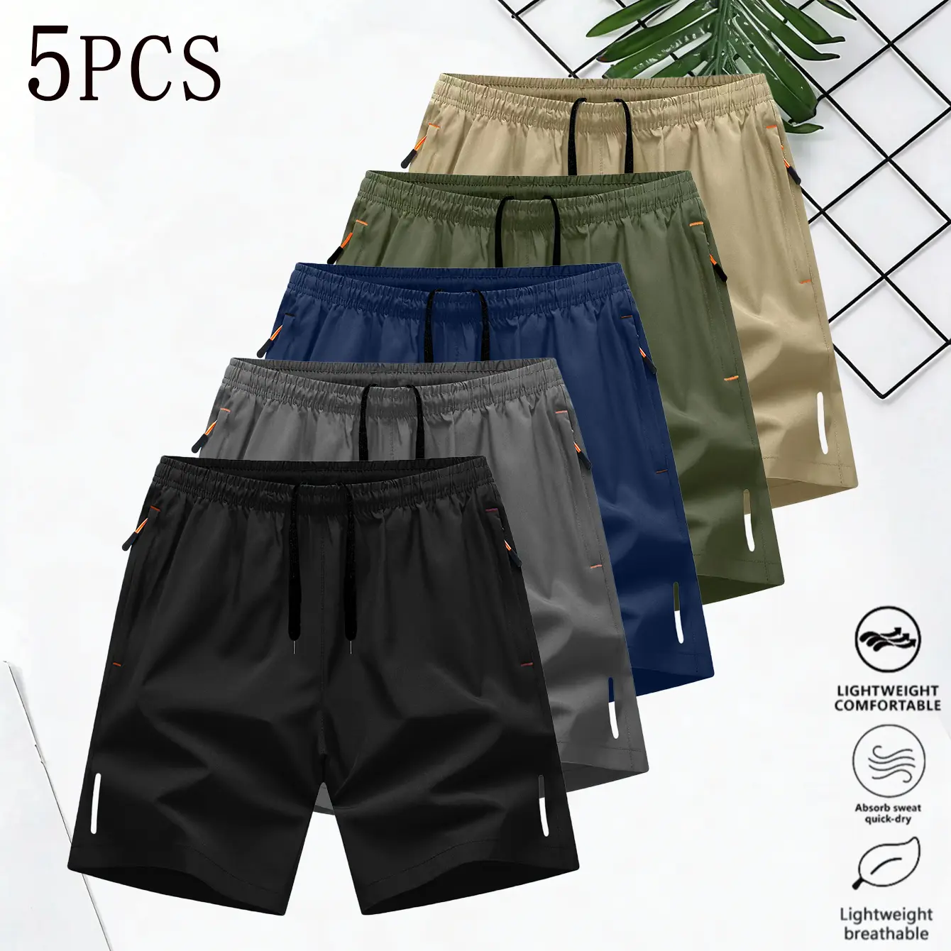 Men's Casual Breathable Menswear Shorts - Elastic Waistband, Quick Dry Zippered Pockets, Machine Washable, Multi-Color Set, Khaki Option, Solid & Streetwear Sports Shorts for Casual Sports, Beach