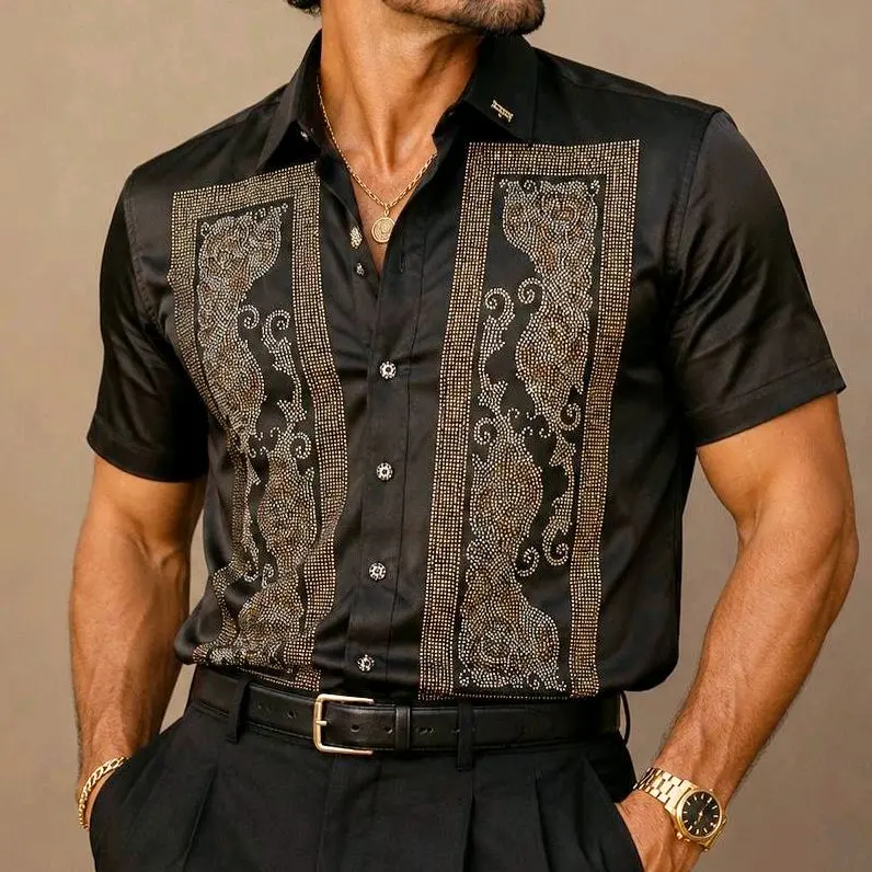 Prestige Men's Luxury Rayon Short-Sleeve Shirt with Rhinestone Accents