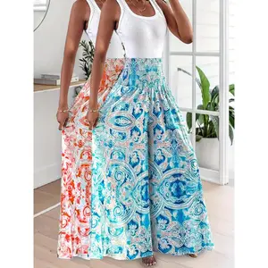 Women High Waisted Wide Leg Pants Blue Green Paisley Print Ethnic Geometric Pattern Machine Washable Non Stretch Casual Holiday Streetwear Vacation Trousers Relaxed Fit