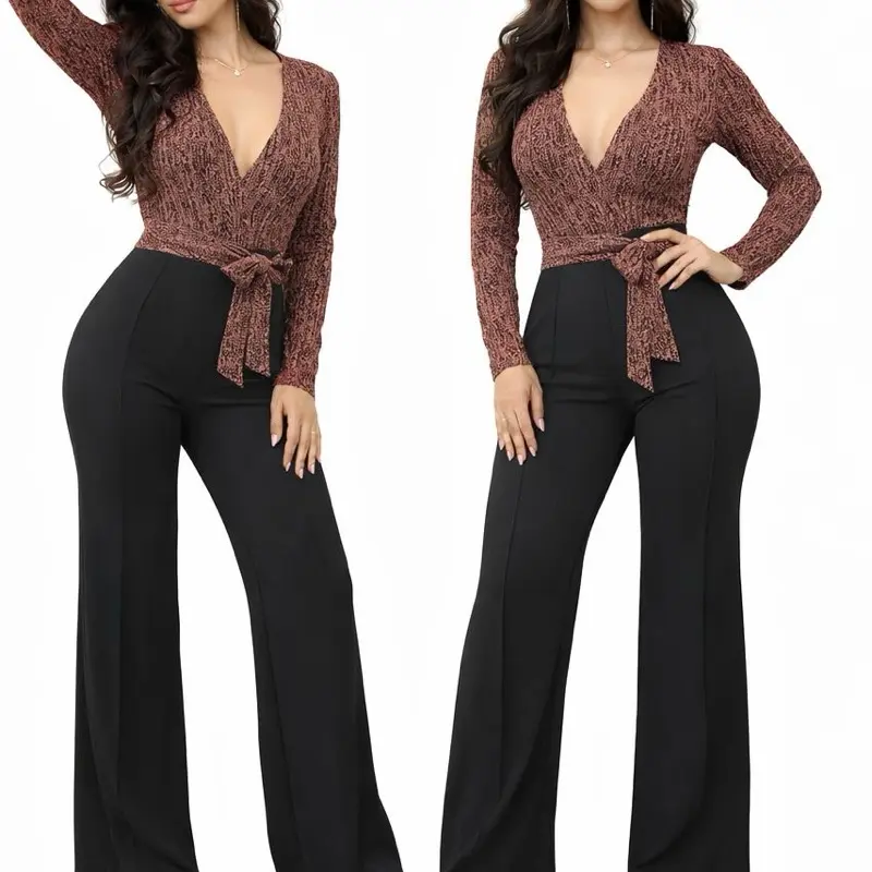 Women's Chic Metallic Fabric Wrap Jumpsuit - Deep V-Neck, Wide-Leg, Adjustable Waist Tie, Zipper, Crackle Detail, Flattering Party Outfit, Jumpsuits For Women, Overalls, Wrap Neck, Full Length, Elegant, Textured Woven Fabric