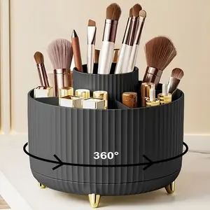 Rotating cosmetic storage box with a premium look for desktop vanity; includes compartments for eyeshadow, lipstick boxes, pen holders, and makeup brush organizers; suitable for home, kitchen, and bathroom supplies.