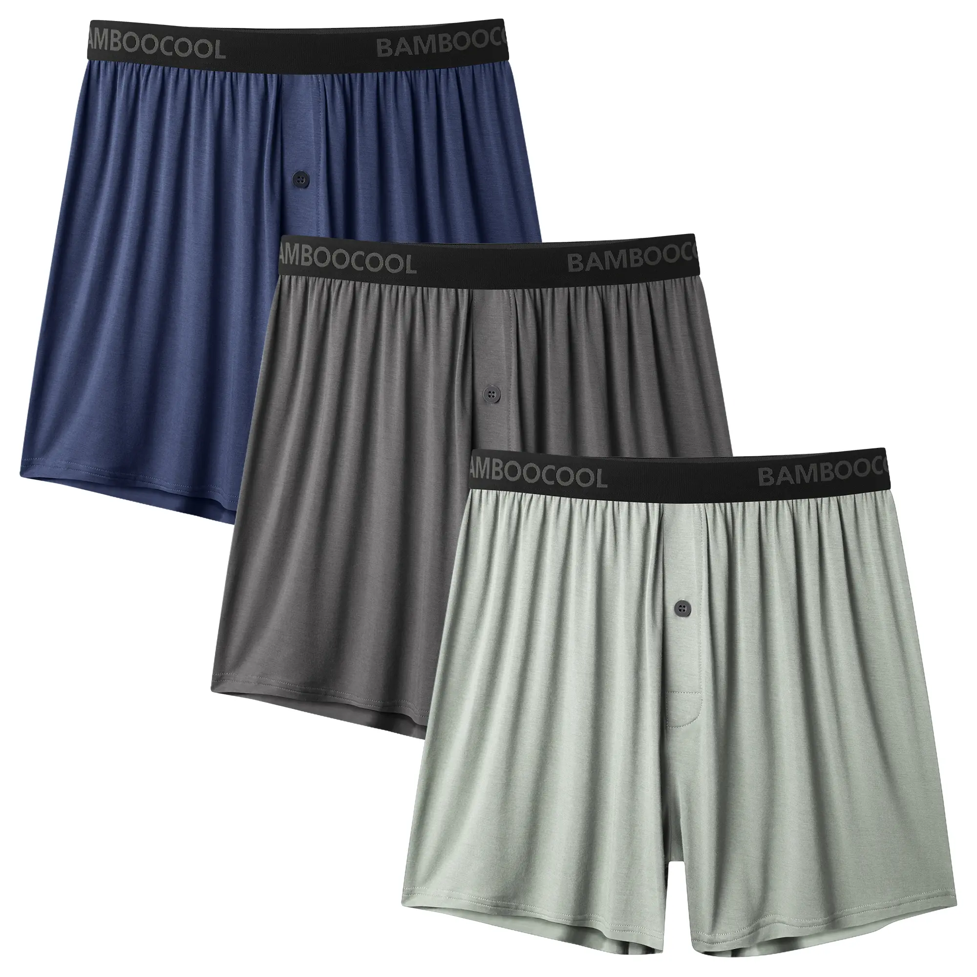 BAMBOO COOL Men's 3 Pack Classic Knit Boxer Shorts, Loose Fit Plain Underwear, Soft Breathable Fabric with Button Fly and Tagless Waistband, Stretchy, Aesthetic