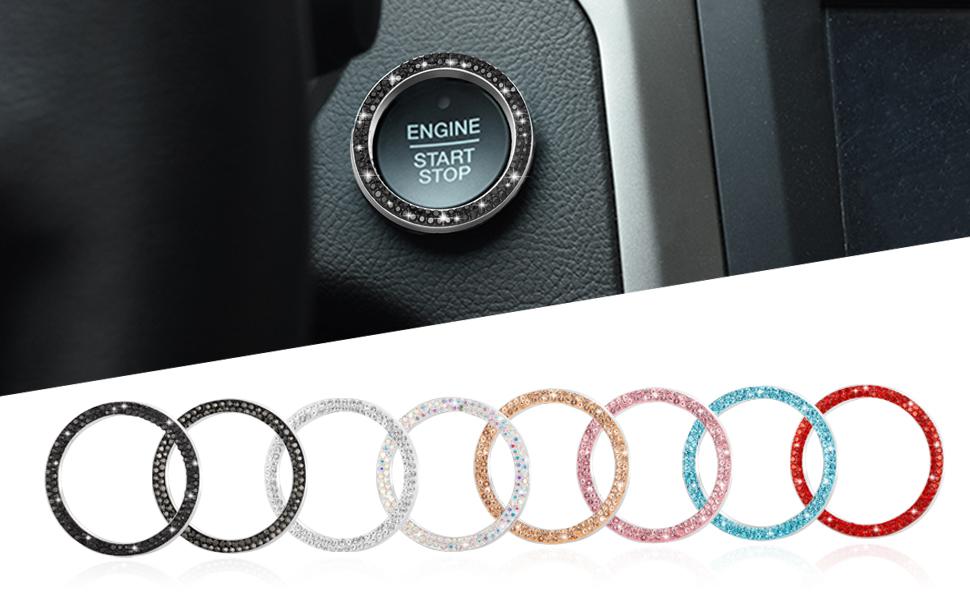 WINKA 2pcs Bling Car Engine Start Button Cover Diamond Crystal Push Start Stop Button Ring Sparkly Bling Ignition Button Cover Rhinestone Keyless Ignition Ring Universal Car Accessories (Red)