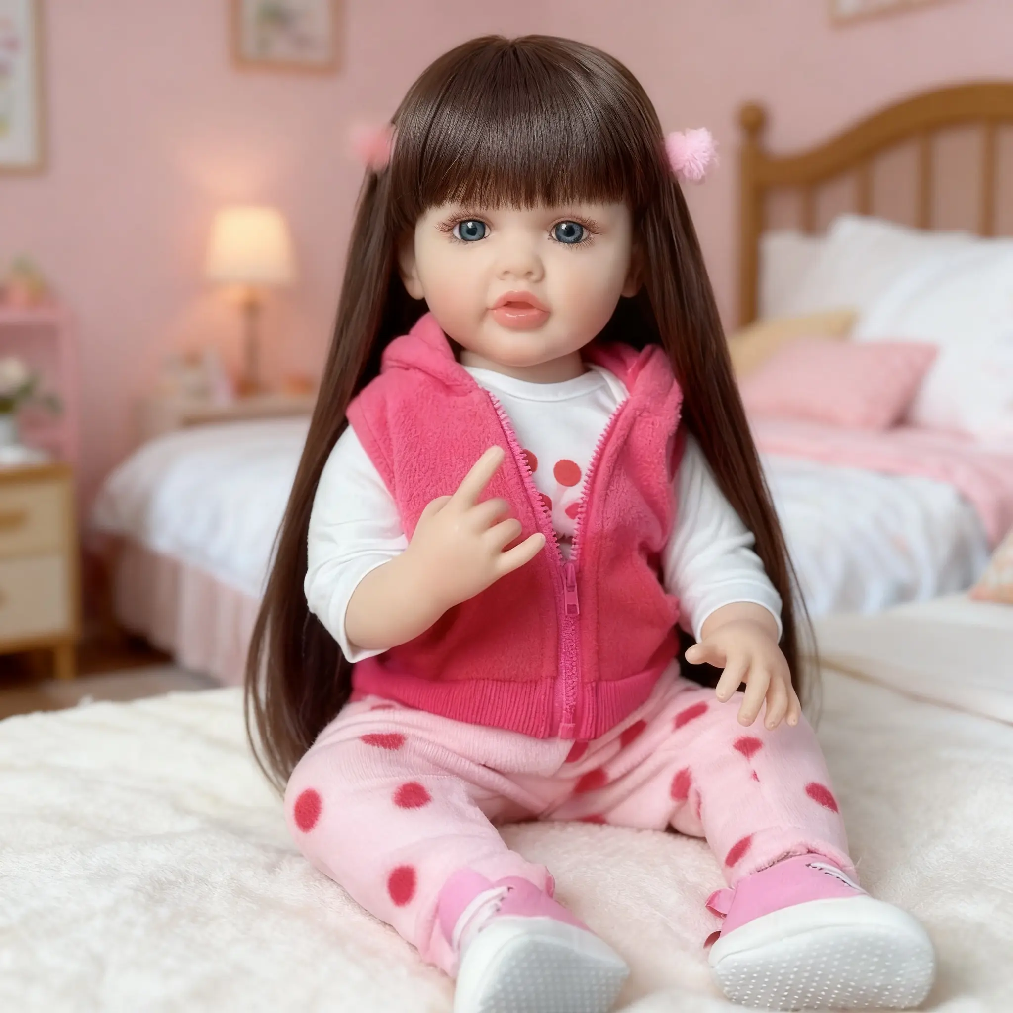 22-Inch Reborn Baby Girl Doll, Long Brown Hair, Full Vinyl Body Fashion Doll, Stuffed Animal, Collectible Piece, Lovely Birthday Gift with Feeding Set for Kids 3+, Reborn Baby Doll Lifelike Newborn Doll Soft Weighted Dolls