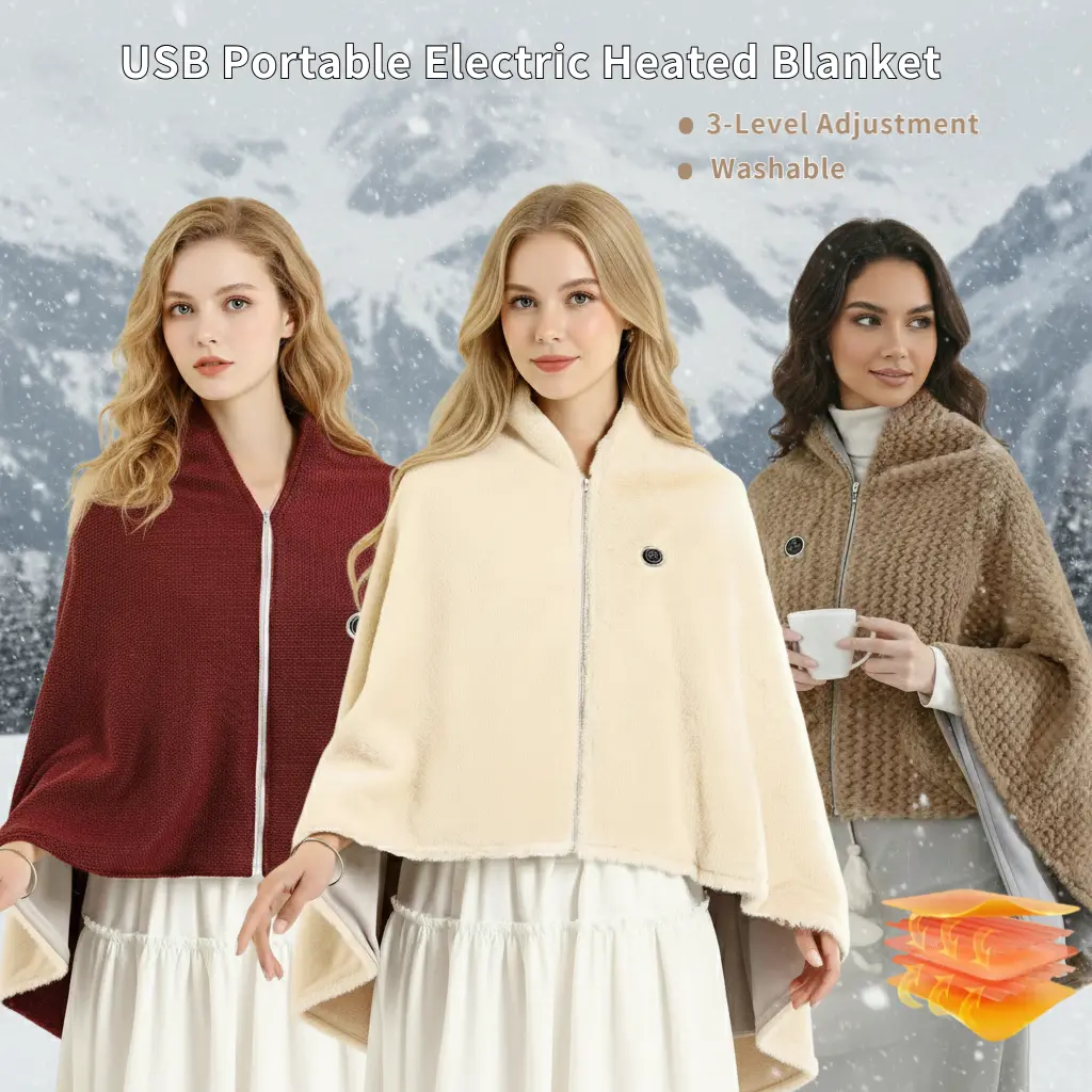 Wearable USB Electric Heated Blanket Shawl - 3 Heat Levels, 62x32in, Machine Washable, Dual & Simple Power Button Control, Portable Warmth for Home, Home Gift for Seniors (Power Bank Not Included), Portable Warmth For Home Or Trips Multifunctional Blanket