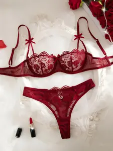 Women's Elegant 2-Piece Burgundy Mesh Embroidery Luxury Underwear Sets - Top & Bottom, Romantic Sexy Lingerie for Women for Date Nights, Wedding Nights