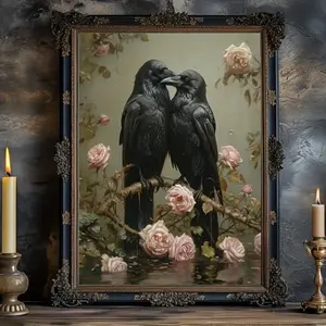 Classic Victorian Gothic Bird Canvas Art Print, Animal Themed Ink Poster for Modern Home & Office Decor - Suitable for Living Room, Bedroom, Kitchen, Bathroom - Frameless Indoor Portrait Wall Hanging Decor -  Ornaments Decoration Flowers Black