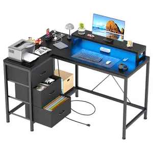 Reversible L Shaped Computer Desk with Power Outlets & LED Lights, 3 Drawers, Storage Shelves, Monitor Stand, Modern Home Office Study or Gaming Workstation - 47 Inch - Black Willow / Pink