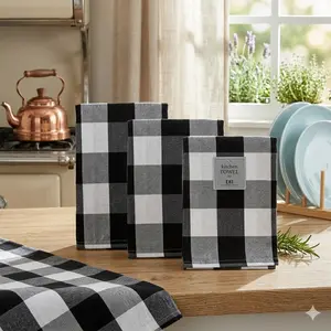 Cotton Kitchen Towel Set, White & Black Plaid Dish Towels, 20x30 Inch, Absorbent Towels for Drying Dishes, Cleaning & Everyday Kitchen Use, Pack of 3