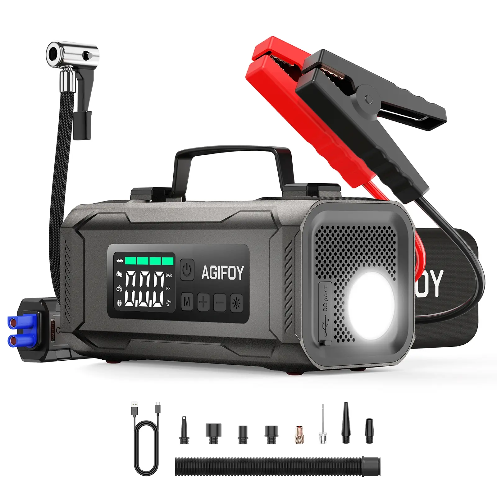 AGIFOY Car Battery Jump Starter Pack,2500A 12V Portable Jumper Box Battery Booster with Air Compressor(for All Gas or up to 8L Diesel Engine)with 150PSI Tire Inflator,Power Bank and LED Light