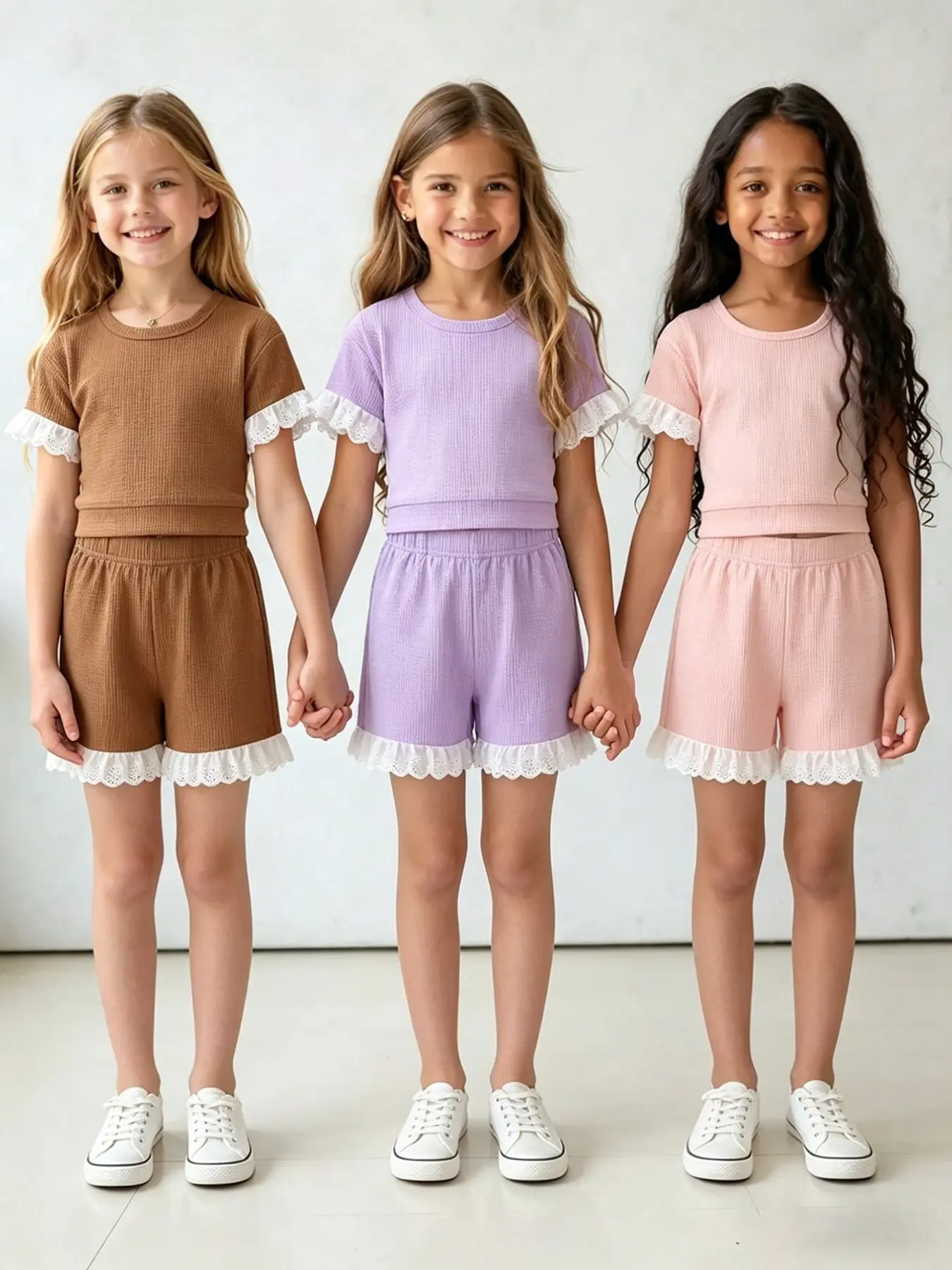 Three Sets (six Pieces) Girls' Clothes Kids Casual Plaid Knit Suit, Knitted Set Clothes, Matching Outfits Set, Fashion Set, Summer Clothing Set, Soft Comfortable Waffle Fabric, Short Sleeve Top and Shorts, Ideal for Outdoor Spring Summer