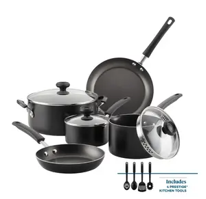 12-Piece Nonstick Cookware Set with 4 Prestige Tools for Efficient Cooking Includes Shatter-Resistant Glass Lids & Ergonomic Handles - Pans