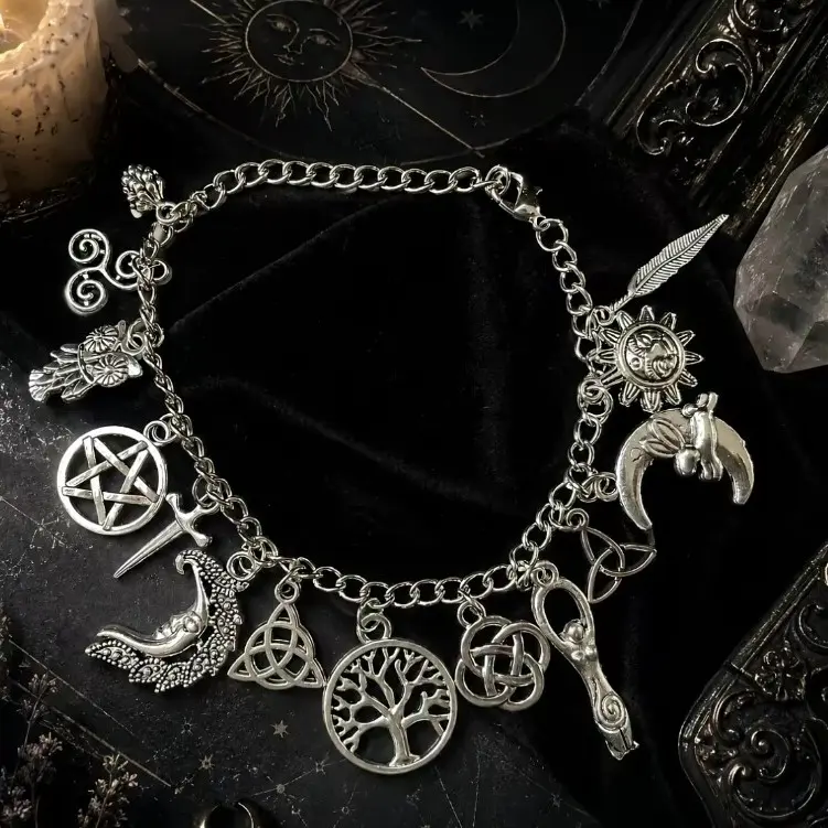 Vintage Witchy Charm 2-in-1 Bracelet & Anklet - Silver-Tone Pagan-Inspired Jewelry with Moon, Sun, Tree of Life, Owl, Pentagram Charms - Celestial Gothic Boho Gift (Celestial Theme, Dark Romance Vintage, Moon and Sun Symbol, Mystery Bracelets & Bangles)