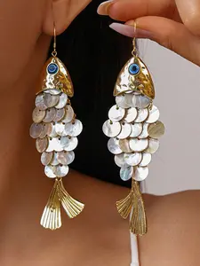 1pair Creative Fish Shell Fringe Earrings, Elegant and Unique Accessory, Coastal Vacation Style, 1 Pair, Perfect for Beachwear, Boho style jewelry