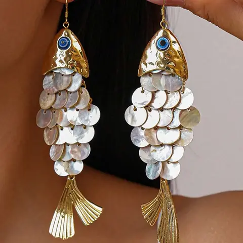 1pair Creative Fish Shell Fringe Earrings, Elegant and Unique Accessory, Coastal Vacation Style, 1 Pair, Perfect for Beachwear, Boho style jewelry, Beachy Earrings, Bohemian Earrings