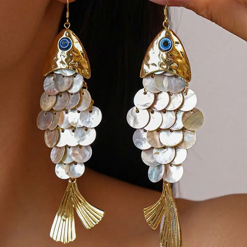 1pair Creative Fish Shell Fringe Earrings, Elegant and Unique Accessory, Coastal Vacation Style, 1 Pair, Perfect for Beachwear, Boho style jewelry, Beachy Earrings, Bohemian Earrings