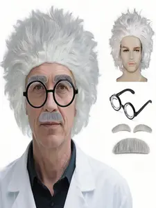 Crazy Wigs with Eyebrow Beard and Glasses for Men, Mad Crazy Scientist Wig, Short Fuzzy Funny Spiky Old Man Wigs for Cosplay Halloween Party, Costume Wig, Synthetic wigs, Synthetic Wavy Wig