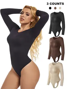 Women's Solid Round Neck Long Sleeve Shapewear Bodysuit, High Stretch Seamless Tummy Control Butt Lift Shaper, Ladies Shapewear for All Seasons