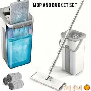 Mop Bucket Set with 3 Extra Replaceable Microfiber Mop Cloths, Stainless Steel Mop Rod, Hand-Free Flat Mop With Bucket, Wet And Dry Wash-off Seperation, Cleaning Supplies Cleaning Mop, Wooden Floor, Glass, Household Items, Cleaner Home Pad, 1 Set