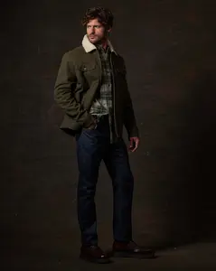 Sherpa Lined Canvas Twill Trucker in Dark Olive