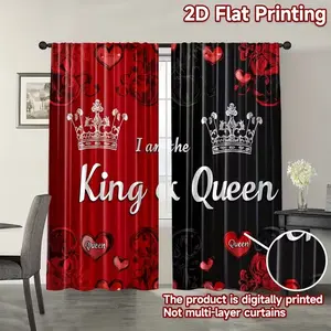Valentine's Day Patchwork King & Queen Print Curtains Set, 2-Piece Window Curtain Light Blocking Drapes for Living Room & Bedroom, Durable Polyester Fabric