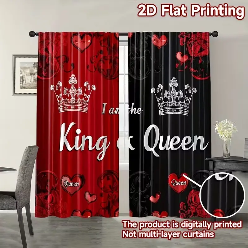 Valentine's Day Patchwork King & Queen Print Curtains Set, 2-Piece Window Curtain Light Blocking Drapes for Living Room & Bedroom, Home Decoration Curtain, Durable Polyester Fabric