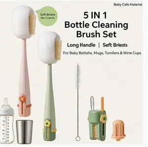 5-in-1 Multi Function Cup Brush - All-in-One Silicone Cleaning Kit for Baby Bottles, Thermoses & Straws - Long Handle No Dead Angle Cleaner with Hanging Storage | Replace 5 Brushes!​