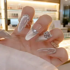 Elegant Medium Almond Nail Tips, Glossy Finish, 3D Floral Design, 10pcs Set, Perfect for Women & Girls, Ideal for Dates, Parties, Travel