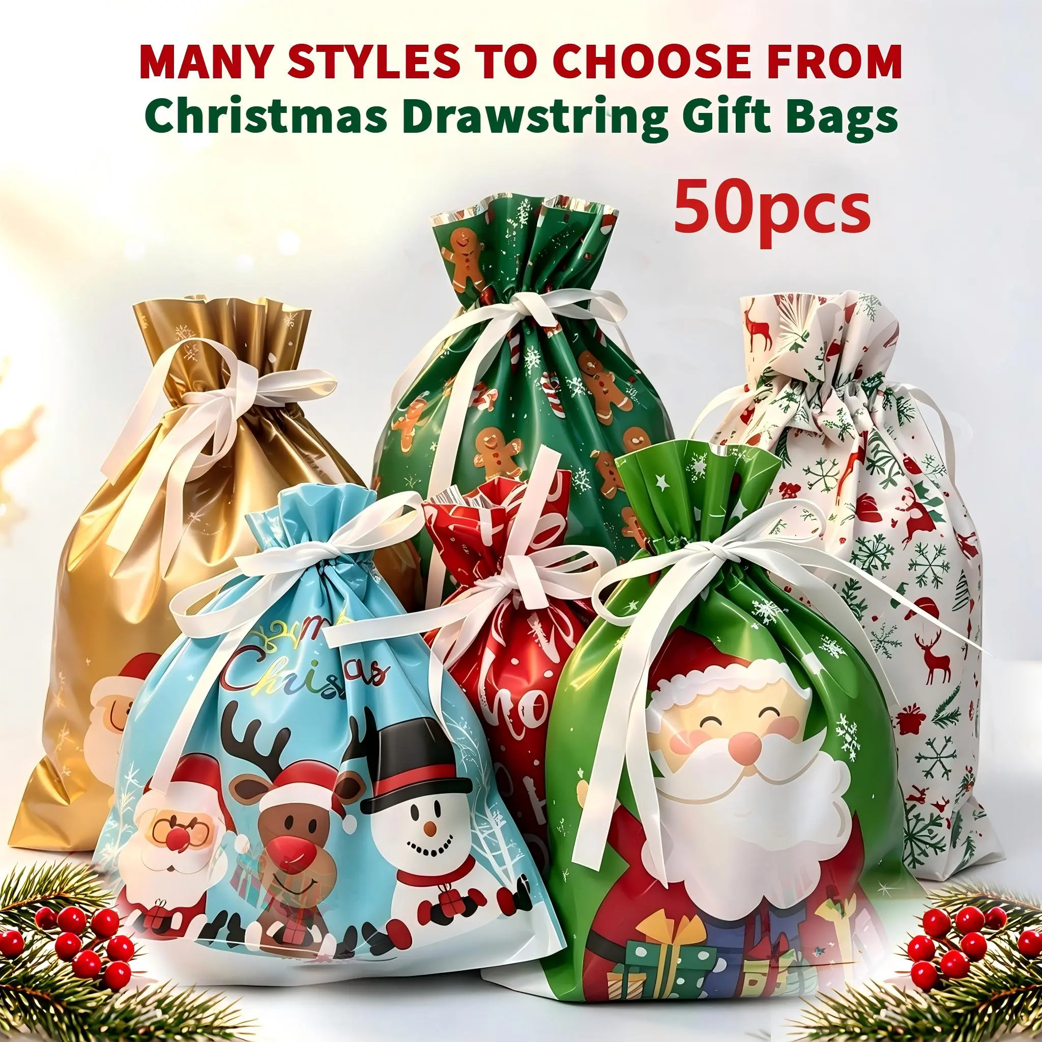 50 PCS Christmas Gift Bags Set, 25 Drawstring Bags in 2 Sizes + 25 Gift Tags, Holiday Gift Bags for Christmas Parties, Treats, Goodie Bags & Gift Giving