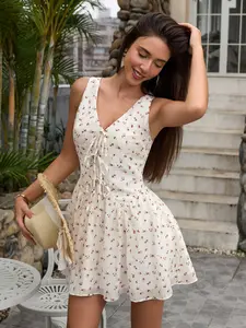 Women's V Neck Sleeveless Dress, Front Tie Design, Beachwear Party Short Skirt, Perfect for Summer & Casual Wear