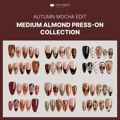 Younique Nails MEDIUM ALMOND COLLECTION Handmade Reusable Acrylic Luxury Fake Press On Press-On Salon Quality Set Week Wear GOLD Kit Tip Short Square Shape Sea Blue Floral Detail French Design Cow Print Rhinestone Jewel Mixed Multi Pearl