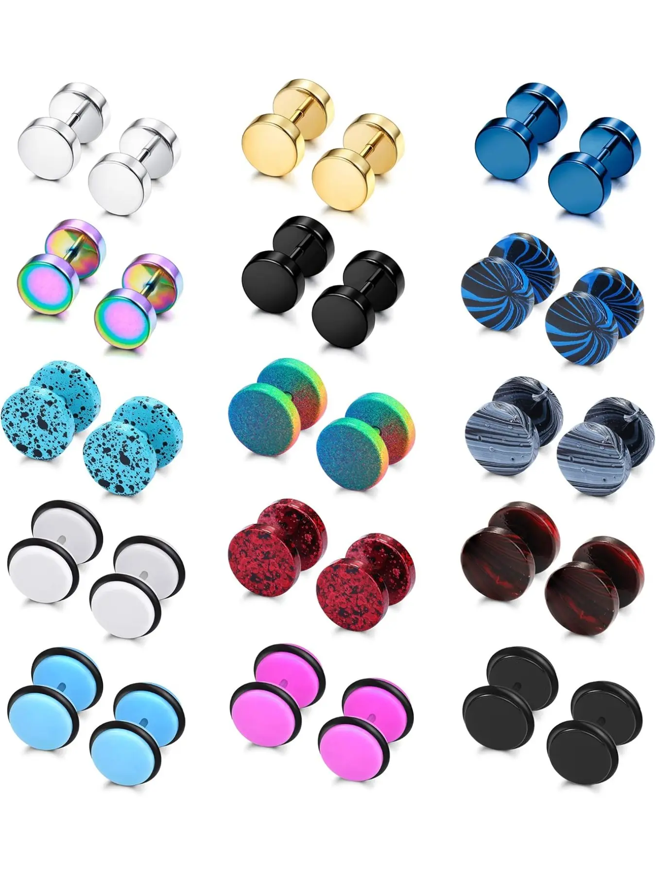 15 Pairs Mens Stud Earrings Set, Stainless Steel Ear Piercing, Faux Cheater Illusion Plugs, Tunnel Flat Back, Fake Gauges for Men & Women, Earrings Jewelry, Earring Stacking Set, Ear Studs, Men Accessories, Stud Earring Sets
