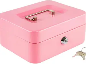 Medium Cash Box with Money Tray, Small Safe Lock Box with Key - Pink