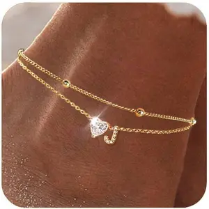 Waterproof 14K Gold Plated Initial Anklet, Dainty Layered CZ Heart Ankle Bracelet for Women, Adjustable Summer Beach Jewelry, Birthday Gift, BFF Gift, Trendy Stackable