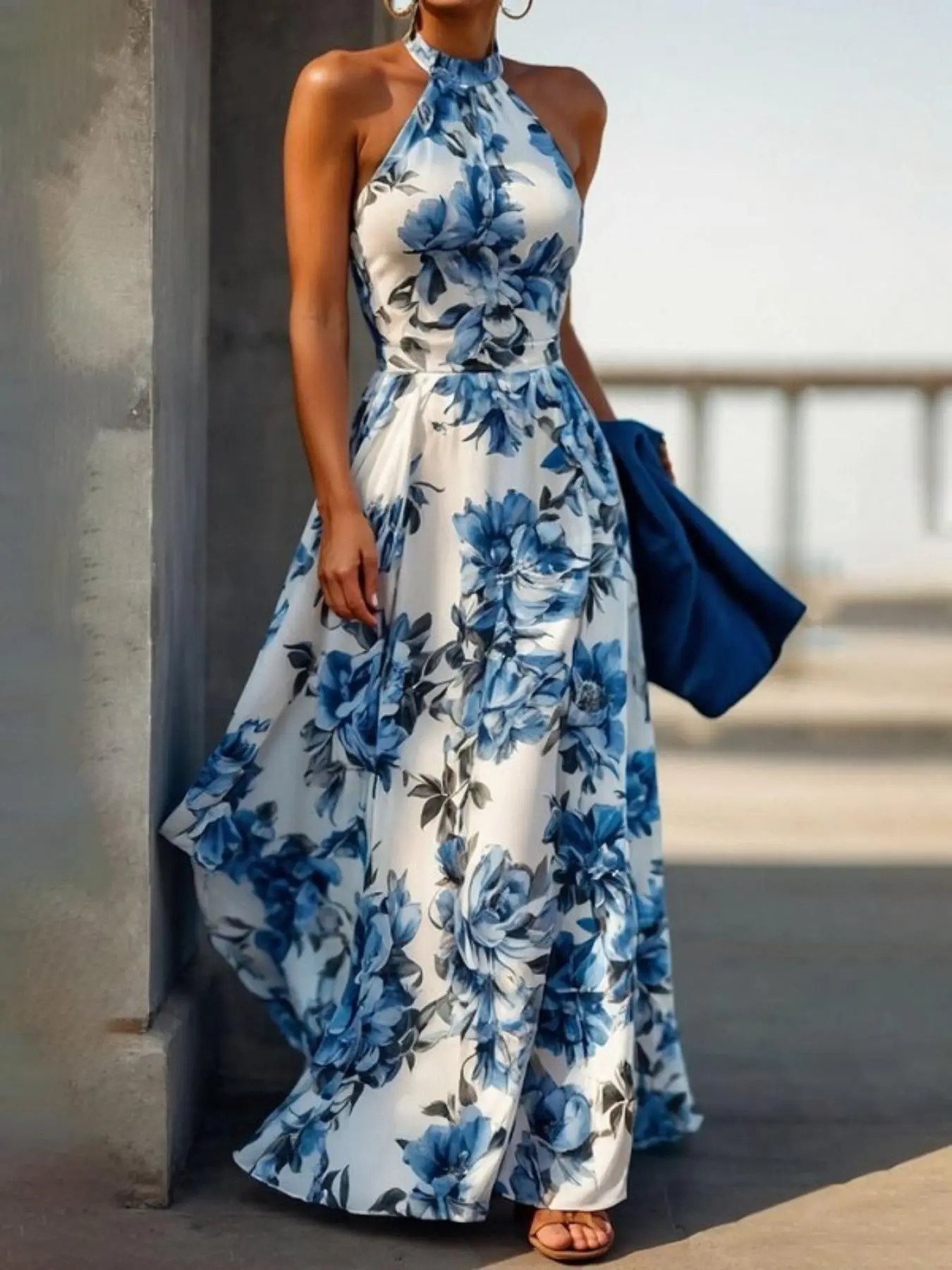Women's Floral Print Zipper Back High Waist A-Line Dress, Elegant Sleeveless Style Long Dress for Party Holiday Wedding Guest, Ladies Summer Clothes Elegant Dresses Womenswear