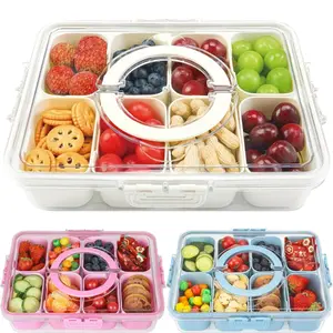 1Pc Divided Serving Tray with Lid and Handle, Portable Snackle Box Healthy Eating Containers Charcuterie Container for Party, Veggies, Snack, Fruit, Nuts, Candy, Christmas Tray Reusable Snack Box for Entertaining, Cream White