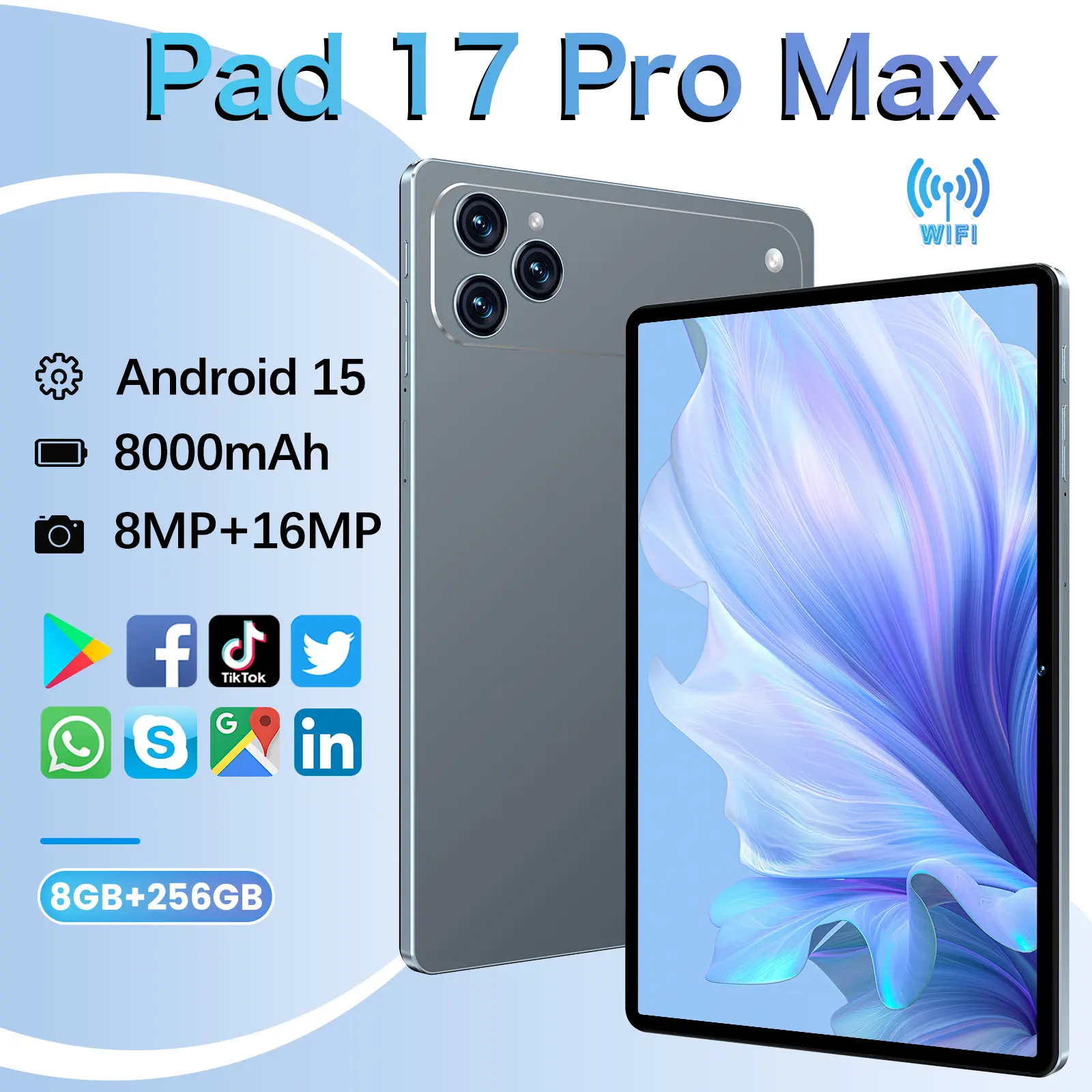 Tablet Pad 17 Pro Max 10.1 Inch HD High Pixel Tablet Eight Core 8GB+256GB 8MP+16MP Dual Camera 8000mAh Large Battery Android 15 System