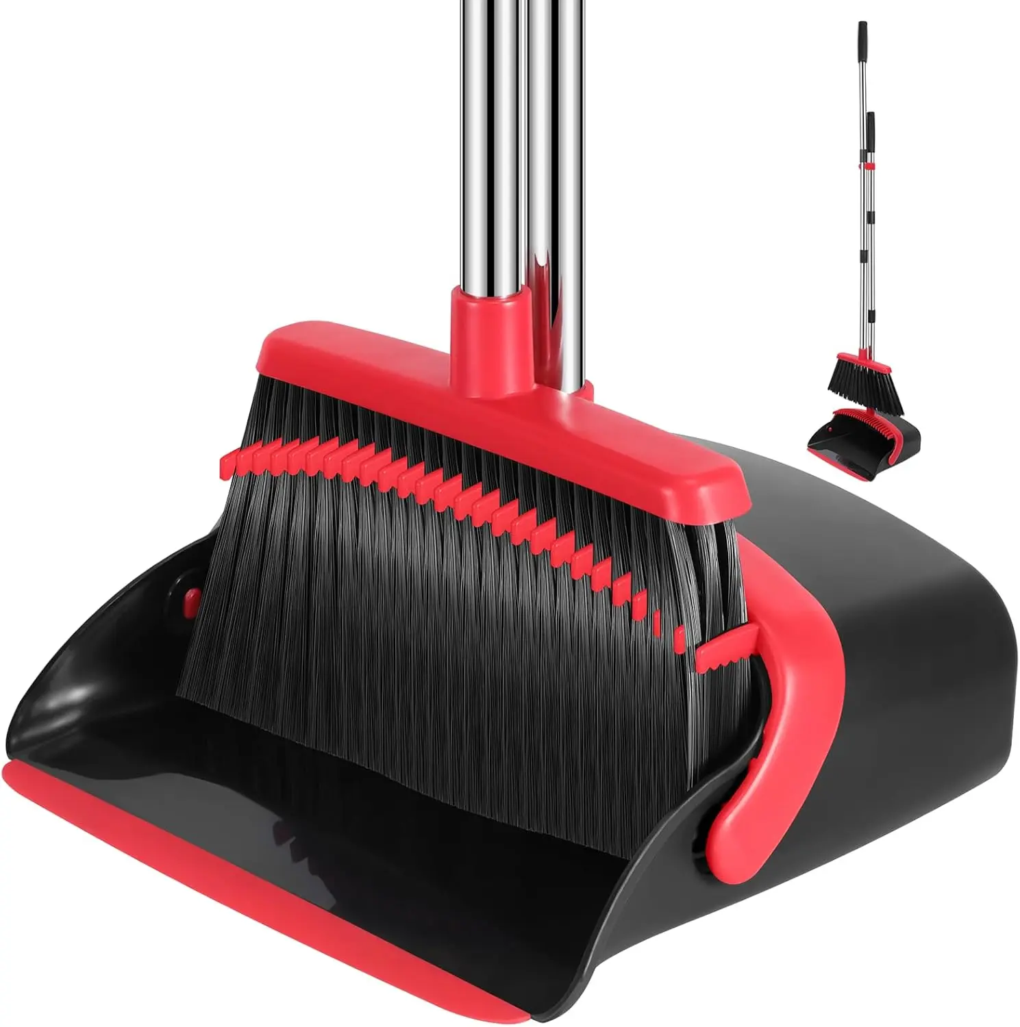 Stainless Steel Foldable Broom and Dustpan Set, 52-in Adjustable Long Handle, Upright Dustpan with Teeth, Sturdy Space-Saving Cleaning Tool for Home Living Rooms, Kitchen Areas, Everyday Use