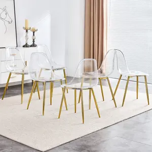 Clear Acrylic Dining Chairs Set, Armless Modern Side Chairs with Transparent Seat, Ergonomic Backrest and Gold Metal Legs, Ghost Style Kitchen Chairs for Dining Room, Living Room