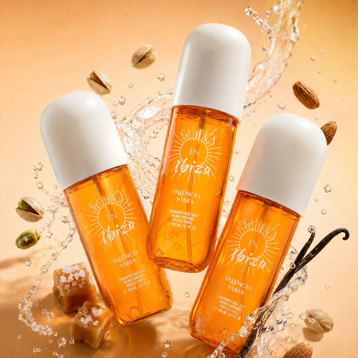 SOLO EN IBIZA Valencia Vibes Body & Hair Fragrance Mist - 6.1 fl oz Long-Lasting Gourmand Beauty Perfume with Pistachio, Salted Caramel, Sandalwood, Fresh Fragrances Cosmetics, Multi-Pack Compatible Hair Tips & Cloths Accessory, Perfumes, Vanilla Scents,,