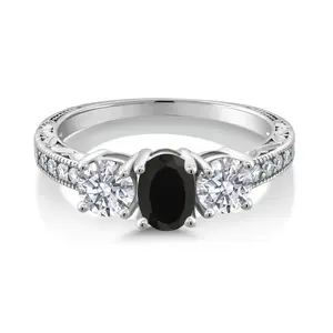 10K White Gold Black Onyx and Lab Grown Diamond Engagement Ring For Women | 1.82 Cttw | Oval 7X5MM | Gemstone December Birthstone