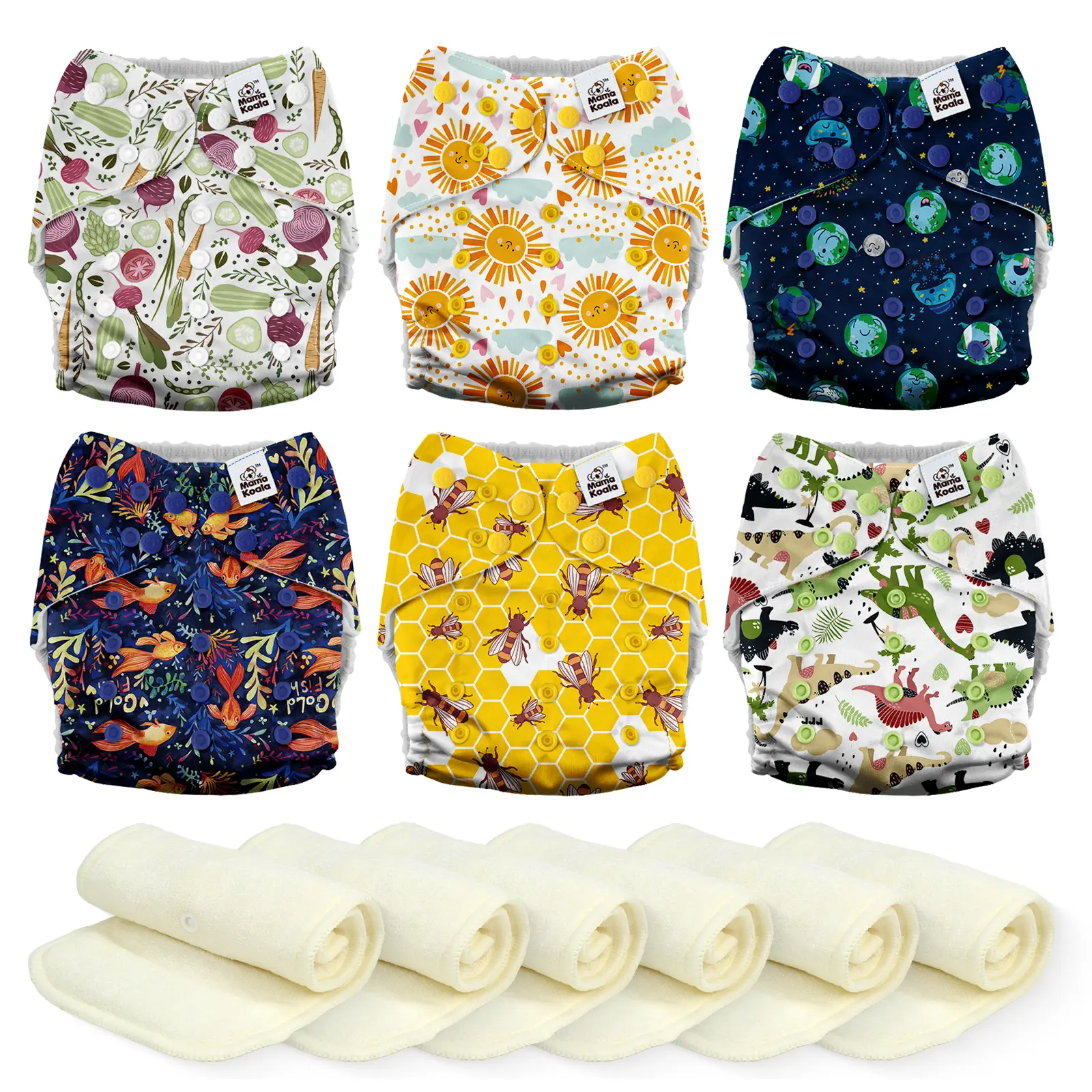 Mama Koala 3.0 Pocket Cloth Diapers for Babies with AWJ Lining, 6 Pack with 6 4-Layer Natural Cloth Diaper Inserts - Reusable and Washable Pocket Diapers(906A)