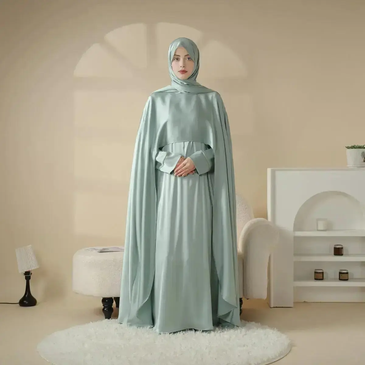 Abaya Set for Women, 3-Piece Luxury Satin Cape Gown with Attached Belt and Matching Hijab - Modest Muslim Fashion for Formal Events, Wedding, Plaid, Modest Fashion, 3-Piece Set, Full Length, Elegant, Abaya Fashion, Cape Sleeve