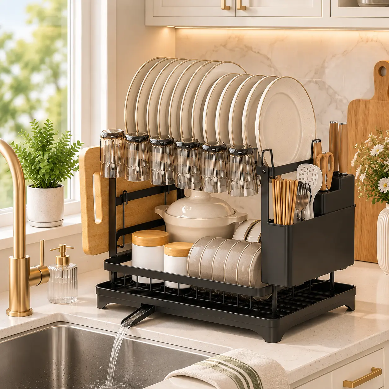Kitchen Organization Rack, 2 Tier Dish Drying Rack with Drainboard, Space Saving Countertop Storage Organizer for Plates, Bowls, Cups and Utensils