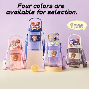 1 Piece Cartoon Cute Bear Double Drinking Plastic Water Cup, Food-Grade Material Shatterproof, Portable Handle Crossbody Strap, Straw & Direct Drink Dual Mouth, For Students & Moms School Companion Practical Versatile