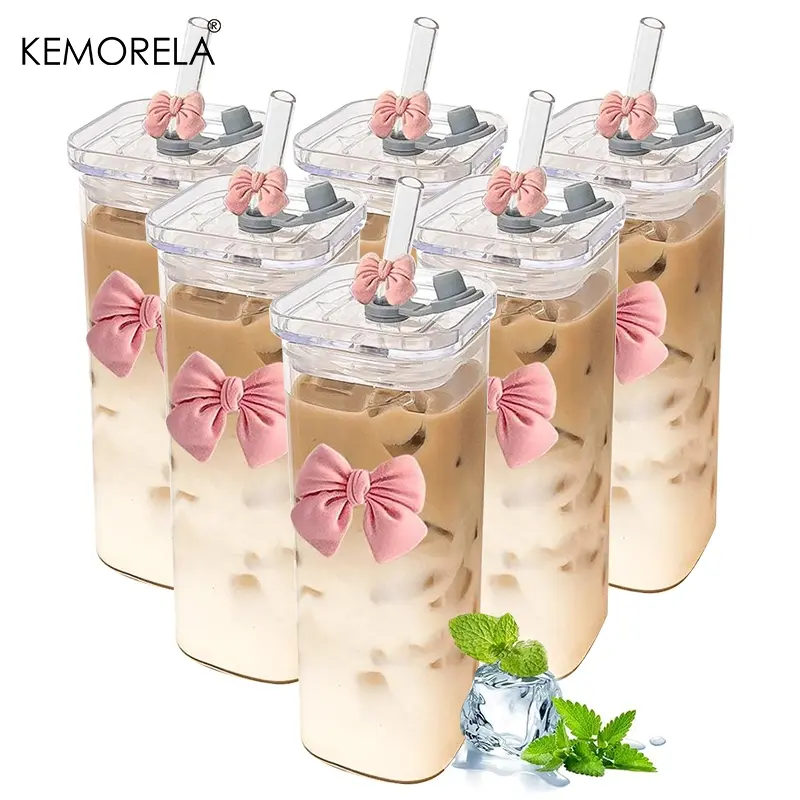 Bow Decor Aesthetic Glass Cup, 1/2 Counts Glass Cup with Straw & Lid, High Borosilicate Material Drinking Cup for Home Office, Portable Drinkware, Reusable, Durability