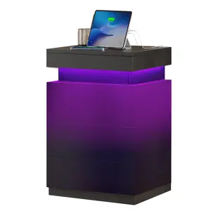 Modern Nightstand With Sliding Top Charging Station LED Lights 3 Drawers Bedside Table for Bedroom Home Furniture