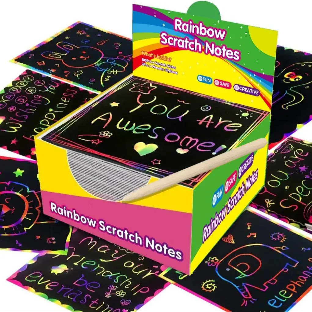DIY Rainbow Magic Scratch Paper Art Set, 100pcs/box Scratch Paper with 2 Counts Wooden Pen, Creative DIY Scratch Painting Supplies for School