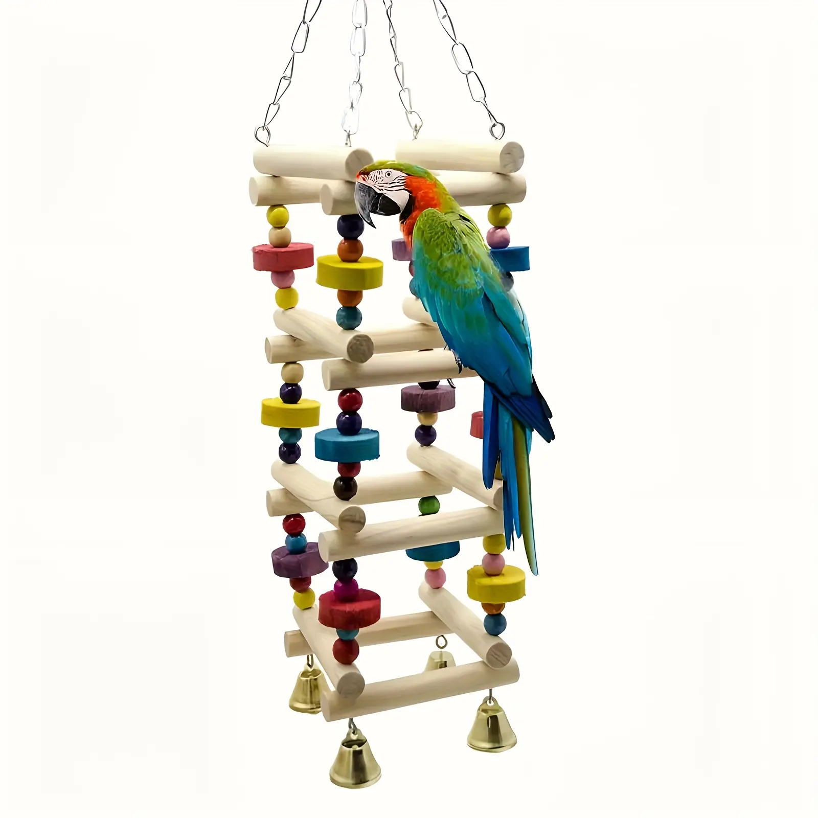 2-Pack Safe & Natural Wooden Bird Interactive Play Gym Toys - Multifunctional Cage Standing Playground with Colorful Bells, Bite Blocks, Climb & Chew Features for Parakeets, Supports Beak Health & Natural Behaviors, Interactive Toy